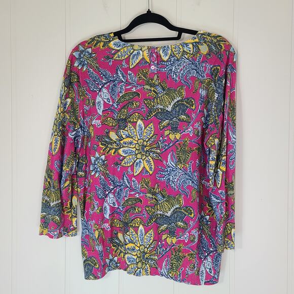 Talbots Sweater Women's Size XL Crew Neck 3/4 Sleeve Pink Blue Floral Cotton - Picture 2 of 8
